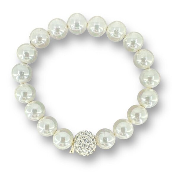 White Round Glass Pearl Accented with Round Ball Rhinestone Stretchy Bracelet - Picture 1 of 6
